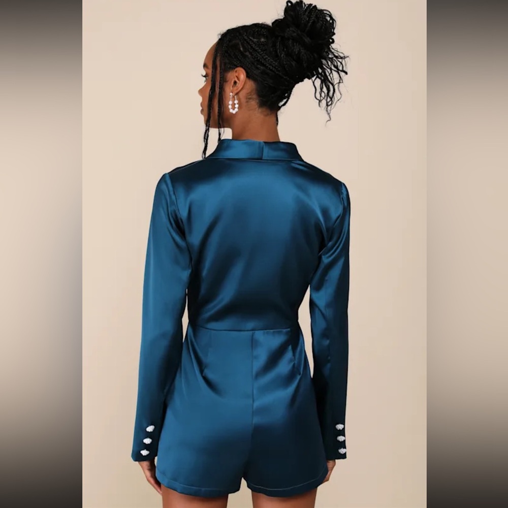 Lulus Regal Aura Teal Blue Satin Long Sleeve Blazer Romper - Size XS - Picture 2 of 9